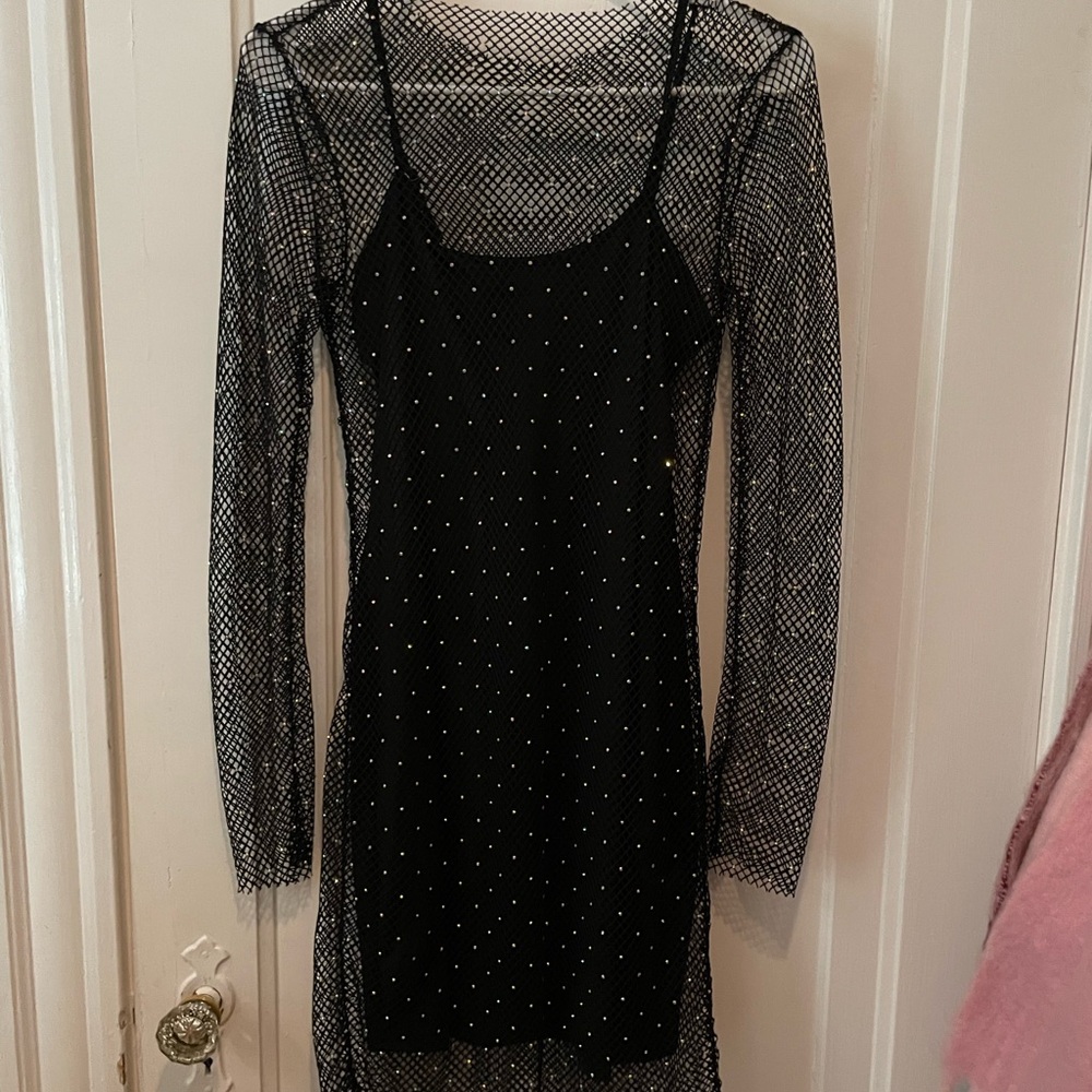 Express Mesh Rhinestone Long Sleeve Mini Dress - Picture 5 of 6